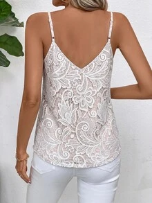 SHEIN Clasi 女款拼接蕾絲時尚優雅細肩帶背心上衣，適合早午餐、外出、新娘母親、日間派對、茶會，粉色花卉夏季款 - 杏色 - 查看 3