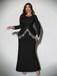 Viva Relle Plus Size Women's Elegant Romantic Detailed Round Neck Long Sleeve Pearl Tassel Decor Fishtail Dress, Autumn/Winter Fall - Black - View 5