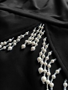 Viva Relle Plus Size Women's Elegant Romantic Detailed Round Neck Long Sleeve Pearl Tassel Decor Fishtail Dress, Autumn/Winter Fall - Black - View 7