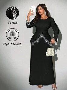 Viva Relle Plus Size Women's Elegant Romantic Detailed Round Neck Long Sleeve Pearl Tassel Decor Fishtail Dress, Autumn/Winter Fall - Black - View 1