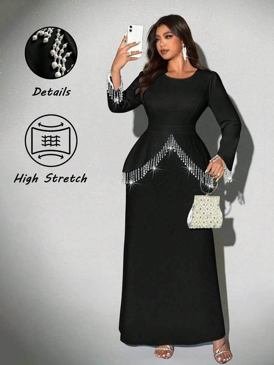 Viva Relle Plus Size Women's Elegant Romantic Detailed Round Neck Long Sleeve Pearl Tassel Decor Fishtail Dress, Autumn/Winter Fall - Black - View 1