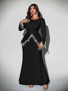 Viva Relle Plus Size Women's Elegant Romantic Detailed Round Neck Long Sleeve Pearl Tassel Decor Fishtail Dress, Autumn/Winter Fall - Black - View 4