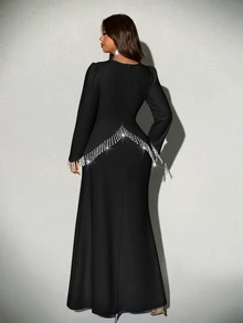 Viva Relle Plus Size Women's Elegant Romantic Detailed Round Neck Long Sleeve Pearl Tassel Decor Fishtail Dress, Autumn/Winter Fall - Black - View 2