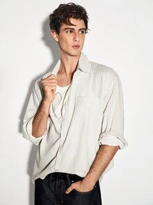 Colvenic 男士條紋單排扣休閒通勤寬鬆襯衫 畢業度假 黑白配色 秋季 - 白色 - 查看 6