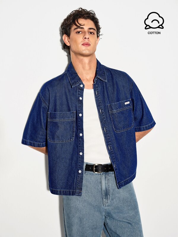 Colvenic Men's Streetwear Casual Patch Pocket Blue Denim Short Sleeve Shirt