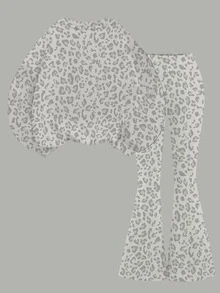 Tween Girl Leopard & Kids Letter Graphic Drop Shoulder Autumn Winter Sweatshirt & Flare Leg Sweatpants Set - Multicolor - View 3