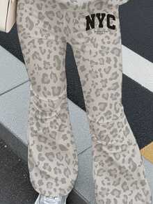 Tween Girl Leopard & Kids Letter Graphic Drop Shoulder Autumn Winter Sweatshirt & Flare Leg Sweatpants Set - Multicolor - View 7