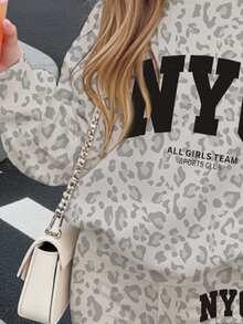 Tween Girl Leopard & Kids Letter Graphic Drop Shoulder Autumn Winter Sweatshirt & Flare Leg Sweatpants Set - Multicolor - View 4