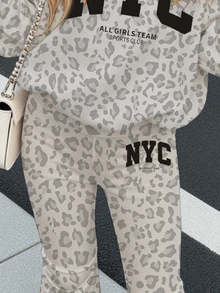 Tween Girl Leopard & Kids Letter Graphic Drop Shoulder Autumn Winter Sweatshirt & Flare Leg Sweatpants Set - Multicolor - View 6