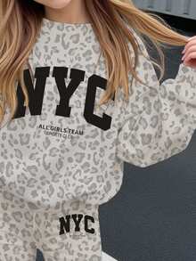 Tween Girl Leopard & Kids Letter Graphic Drop Shoulder Autumn Winter Sweatshirt & Flare Leg Sweatpants Set - Multicolor - View 5