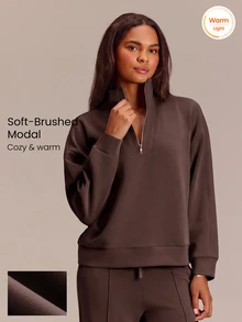 GLOWMODE Soft-Brushed Modal All-Star Relaxed Half-Zip Sweatshirt With Adjustable Stand Collar & Ribbed Placket Daily Casual Summer Wear - Brown - View 1