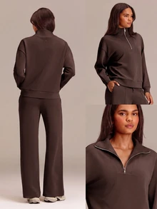 GLOWMODE Soft-Brushed Modal All-Star Relaxed Half-Zip Sweatshirt With Adjustable Stand Collar & Ribbed Placket Daily Casual Summer Wear - Brown - View 7