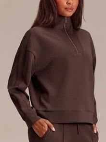 GLOWMODE Soft-Brushed Modal All-Star Relaxed Half-Zip Sweatshirt With Adjustable Stand Collar & Ribbed Placket Daily Casual Summer Wear - Brown - View 4