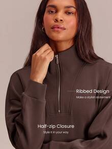 GLOWMODE Soft-Brushed Modal All-Star Relaxed Half-Zip Sweatshirt With Adjustable Stand Collar & Ribbed Placket Daily Casual Summer Wear - Brown - View 3