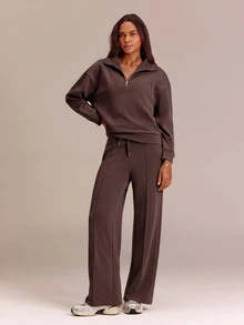 GLOWMODE Soft-Brushed Modal All-Star Relaxed Half-Zip Sweatshirt With Adjustable Stand Collar & Ribbed Placket Daily Casual Summer Wear - Brown - View 6