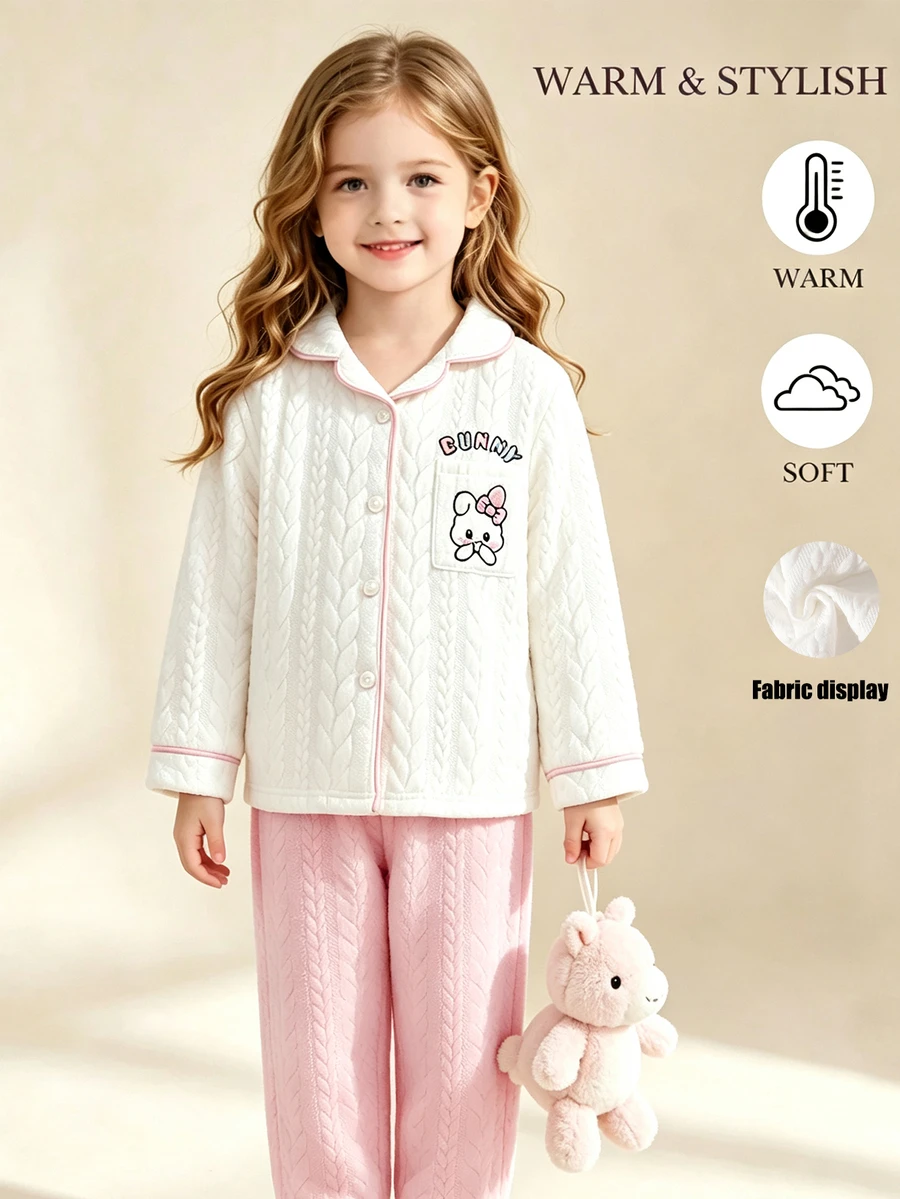 2pcs/Set Long Sleeve Top & Pants White & Pink Quilted Fabric Minimalist Casual Comfortable Soft Wheat Texture Embroidery Cartoon Cute Rabbit Pattern Loungewear For Girls Autumn/Winter - Pink - View 1