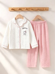 2pcs/Set Long Sleeve Top & Pants White & Pink Quilted Fabric Minimalist Casual Comfortable Soft Wheat Texture Embroidery Cartoon Cute Rabbit Pattern Loungewear For Girls Autumn/Winter - Pink - View 3