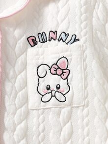 2pcs/Set Long Sleeve Top & Pants White & Pink Quilted Fabric Minimalist Casual Comfortable Soft Wheat Texture Embroidery Cartoon Cute Rabbit Pattern Loungewear For Girls Autumn/Winter - Pink - View 8