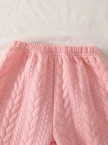 2pcs/Set Long Sleeve Top & Pants White & Pink Quilted Fabric Minimalist Casual Comfortable Soft Wheat Texture Embroidery Cartoon Cute Rabbit Pattern Loungewear For Girls Autumn/Winter - Pink - View 5