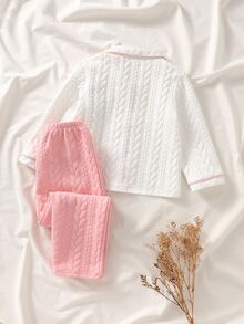 2pcs/Set Long Sleeve Top & Pants White & Pink Quilted Fabric Minimalist Casual Comfortable Soft Wheat Texture Embroidery Cartoon Cute Rabbit Pattern Loungewear For Girls Autumn/Winter - Pink - View 2