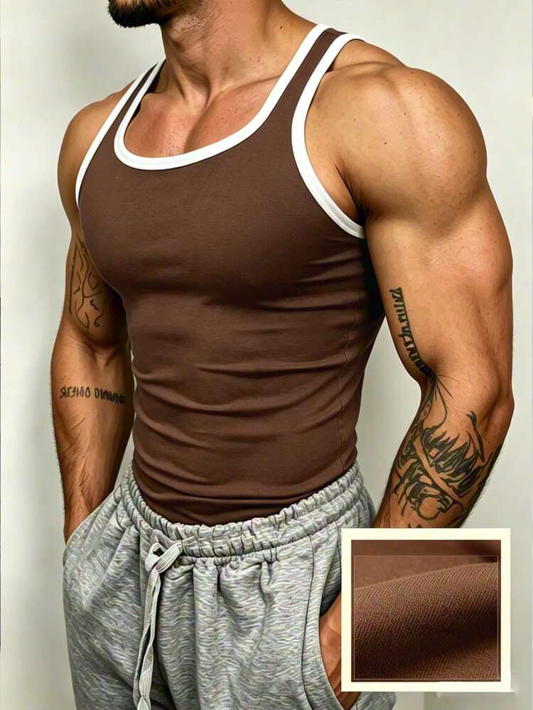 Manfinity Dauomo Men's Summer Casual Contrast Trim Tank Top - Brown - View 1