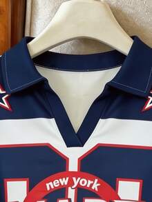 Franclia 女款 T-Shirt 夏季出遊上衣，極簡字母藍白配色 Polo 領上衣，休閒百搭優雅風，穿著舒適，通勤日常穿搭 - 彩色 - 查看 4