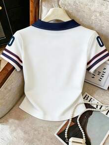 Franclia 女款 T-Shirt 夏季出遊上衣，極簡字母藍白配色 Polo 領上衣，休閒百搭優雅風，穿著舒適，通勤日常穿搭 - 彩色 - 查看 2