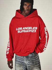 Los Angeles Sumwon23 Oversized Pullover Hoodie With Sleeve Text Print Hooded Long Sleeve Casual Winter Fall Sweatshirt - Red - View 1