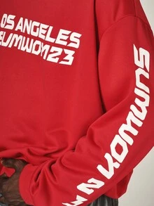 Los Angeles Sumwon23 Oversized Pullover Hoodie With Sleeve Text Print Hooded Long Sleeve Casual Winter Fall Sweatshirt - Red - View 2
