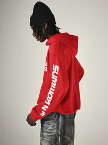 Los Angeles Sumwon23 Oversized Pullover Hoodie With Sleeve Text Print Hooded Long Sleeve Casual Winter Fall Sweatshirt - Red - View 3