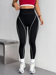 StreetHx Women's Casual High Waist Striped Colorblock Slim Fit Athletic Leggings - Black - View 5
