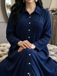 Al Najma Women's Shirt Collar Long Sleeve Lace Patchwork Pleated Elegant Exquisite Versatile Plus Size Arabian Dress - Blue - View 1