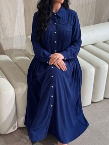 Al Najma Women's Shirt Collar Long Sleeve Lace Patchwork Pleated Elegant Exquisite Versatile Plus Size Arabian Dress - Blue - View 3