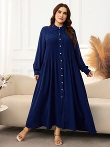Al Najma Women's Shirt Collar Long Sleeve Lace Patchwork Pleated Elegant Exquisite Versatile Plus Size Arabian Dress - Blue - View 5