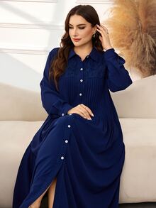 Al Najma Women's Shirt Collar Long Sleeve Lace Patchwork Pleated Elegant Exquisite Versatile Plus Size Arabian Dress - Blue - View 4