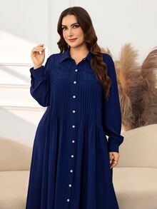 Al Najma Women's Shirt Collar Long Sleeve Lace Patchwork Pleated Elegant Exquisite Versatile Plus Size Arabian Dress - Blue - View 7