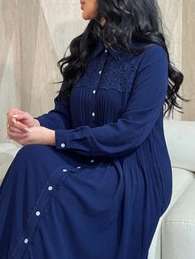 Al Najma Women's Shirt Collar Long Sleeve Lace Patchwork Pleated Elegant Exquisite Versatile Plus Size Arabian Dress - Blue - View 6