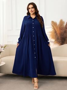 Al Najma Women's Shirt Collar Long Sleeve Lace Patchwork Pleated Elegant Exquisite Versatile Plus Size Arabian Dress - Blue - View 8