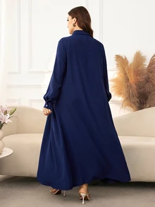 Al Najma Women's Shirt Collar Long Sleeve Lace Patchwork Pleated Elegant Exquisite Versatile Plus Size Arabian Dress - Blue - View 2