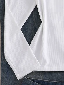 SHEIN Teen Girls Lace Trim V Neck Ruched Long Sleeve T-Shirt, Solid Color Slim Fit Rib-Knit Basic Crop Top Fall Outfits - White - View 3