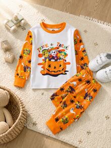 Maija Kids SHEIN | PAW Patrol Maija Kids 小男孩萬聖節可愛南瓜印花長袖上衣與長褲睡衣套裝 - 橘色 - 查看 2
