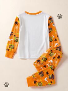 Maija Kids SHEIN | PAW Patrol Maija Kids 小男孩萬聖節可愛南瓜印花長袖上衣與長褲睡衣套裝 - 橘色 - 查看 4