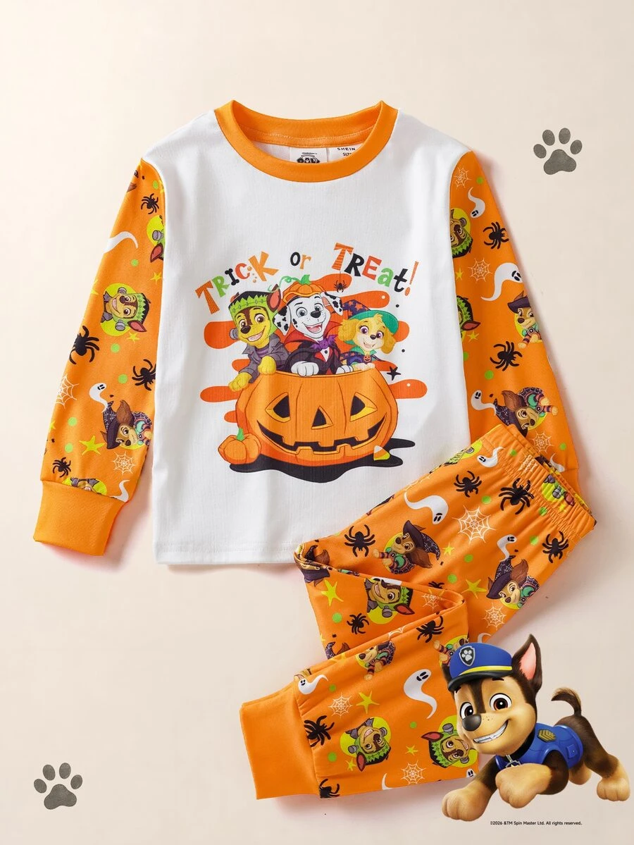 Maija Kids SHEIN | PAW Patrol Maija Kids 小男孩萬聖節可愛南瓜印花長袖上衣與長褲睡衣套裝 - 橘色 - 查看 1