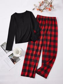 Teen Girl Button Half-Placket Long Sleeve Top And Plaid Pants Loungewear Set - Multicolor - View 5
