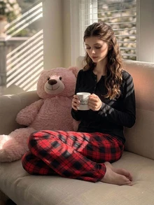 Teen Girl Button Half-Placket Long Sleeve Top And Plaid Pants Loungewear Set - Multicolor - View 3