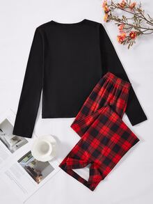 Teen Girl Button Half-Placket Long Sleeve Top And Plaid Pants Loungewear Set - Multicolor - View 2