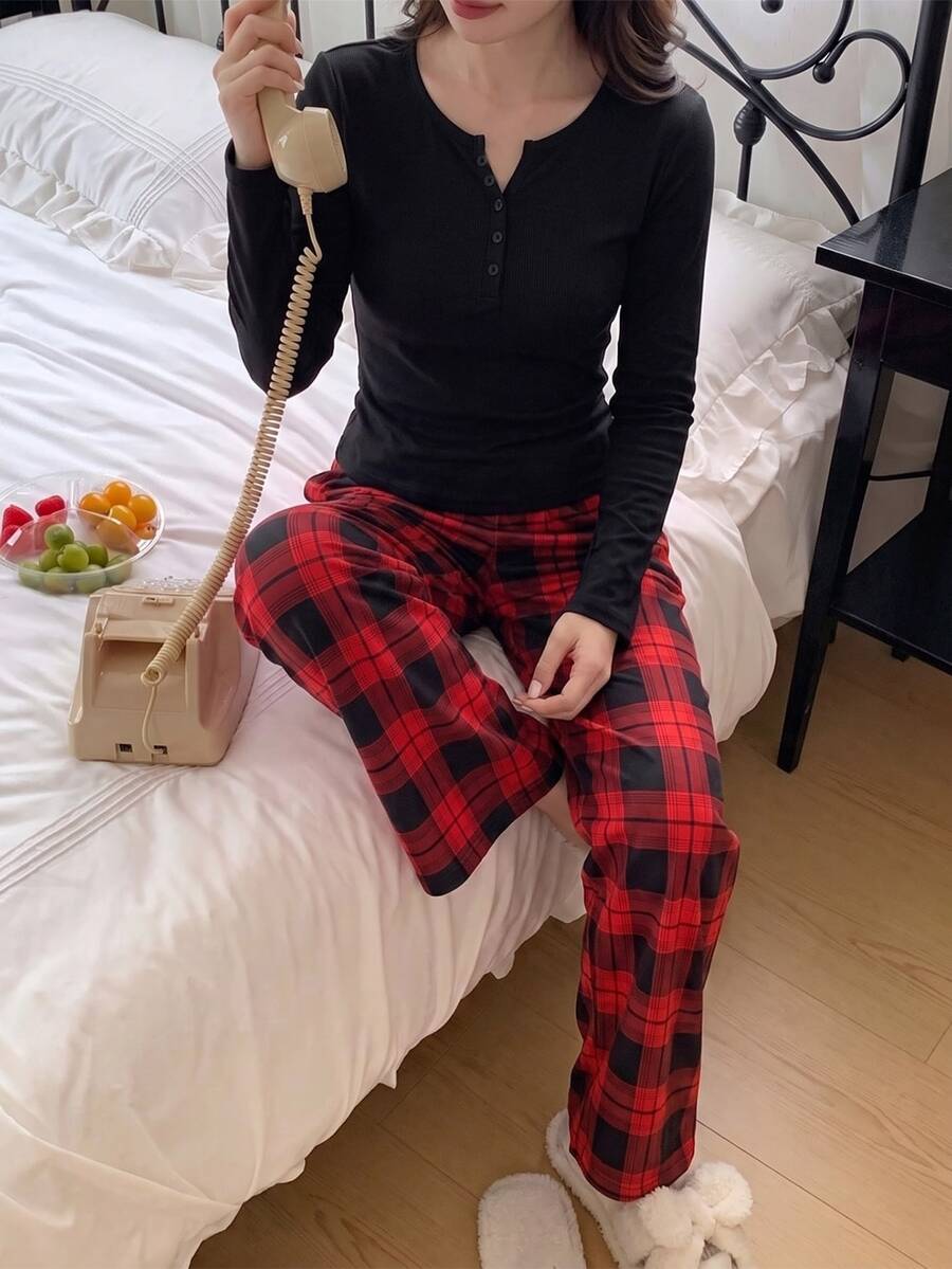 Teen Girl Button Half-Placket Long Sleeve Top And Plaid Pants Loungewear Set - Multicolor - View 1