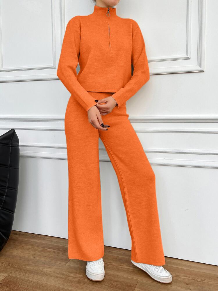 EURMUSE 2pcs Women Casual Solid Color Zip-Up Long Sleeve Sweater And Pants Set,Petite,Winter Clothes - Orange - View 5