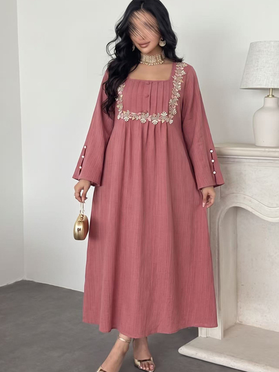 Al Najma Robe arabe décontractée ample pour femmes grandes tailles, automne, en tissu texturé tissé avec applique, bordure en dentelle, manches longues et poignets perlés