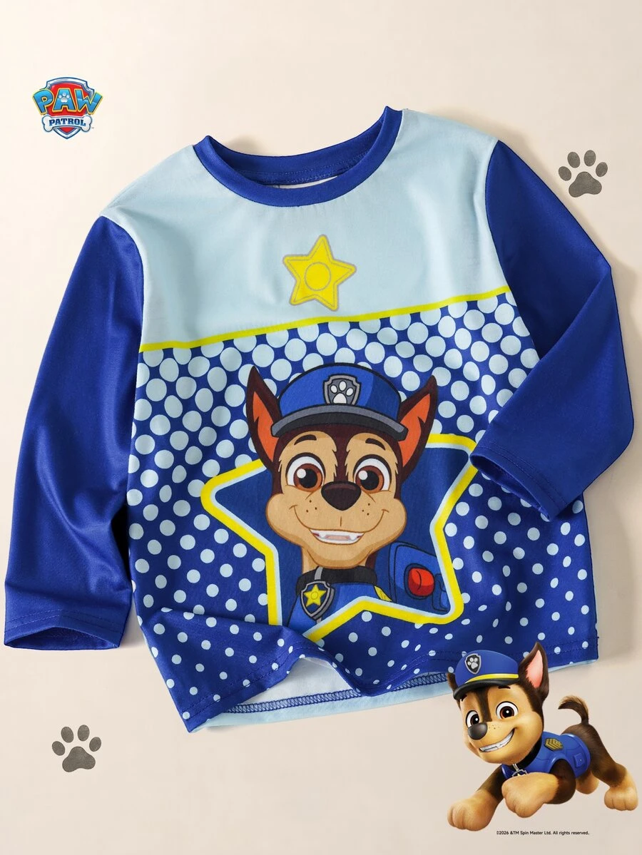 Maija Kids SHEIN | PAW Patrol Maija Kids 兒童小男孩波點卡通印花休閒日常幼兒生日長袖T恤 秋季 嬰兒藍